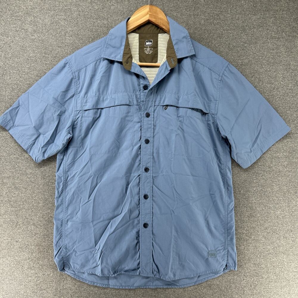REI Mens Small Blue Nylon Hiking Trail Fishing Shirt Short Sleeve Button Up 2011